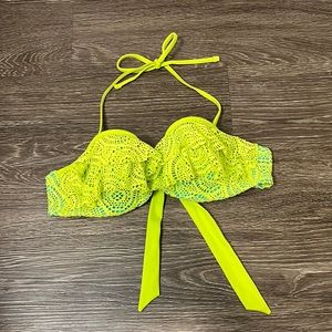 Aerie lime green and teal lace ruffle underwire bikini top, size 36A
